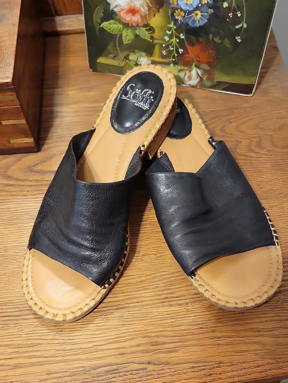 Sofft Black Leather Slip-On Mules with Tan Footbed